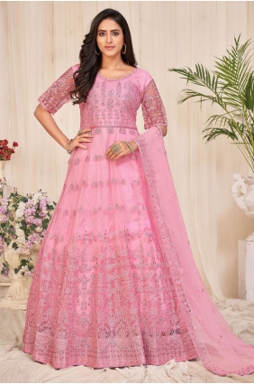 Light pink Embroidered Net Eid Anarkali Suit AS3473