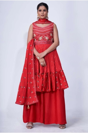 Mirror Chiffon Sharara Suit in Red SS0980