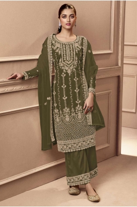 Embroidered Eid Salwar Kameez in Mehndi Net SK152882