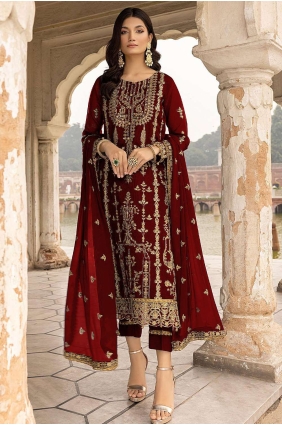 Georgette Maroon Eid Salwar Kameez in Embroidered SK152885