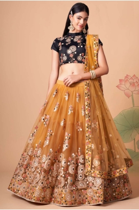 Soft net Embroidered Golden Lehenga Choli with Dupatta LC6541