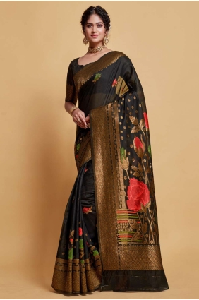 Black Saree in Black Weaving Silk SR24025