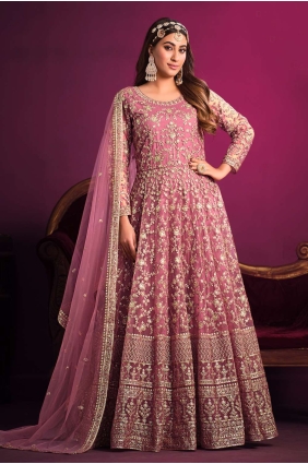 Pink Embroidered Eid Anarkali Suit in Net AS3522