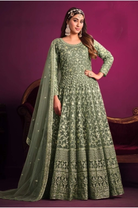 Eid Anarkali Suit Green in Net with Embroidered AS3523