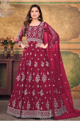 Anarkali Suit in Red Net with Embroidered AS3529