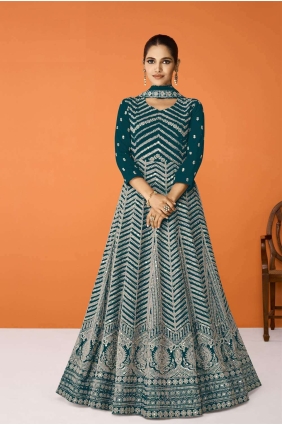 Aqua blue Anarkali Suit with Embroidered Georgette AS3571