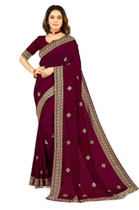 Wine Saree in Zari,embroidered Georgette SR24117
