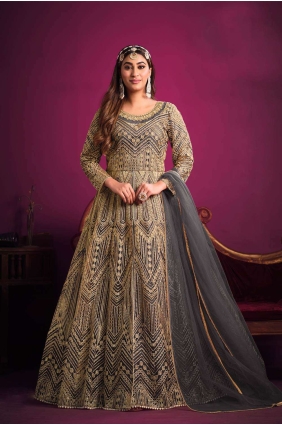 Anarkali Suit in Grey Net with Printed AS3574