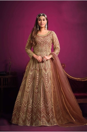 Light brown Printed Anarkali Suit in Net AS3575