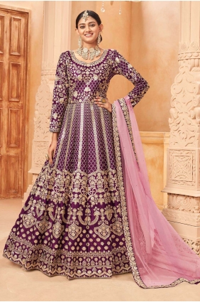 Art silk Anarkali Suit in Purple with Printed AS3577