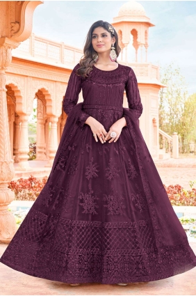 Printed Anarkali Suit in Purple Net AS3585