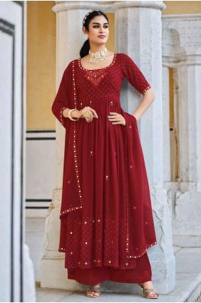 Red Anarkali Suit in Georgette with Embroidered AS3589