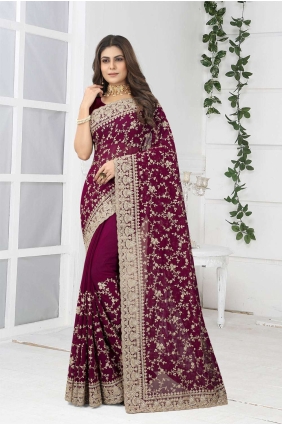 Wine Party Wear Saree with Embroidered Georgette SR24418