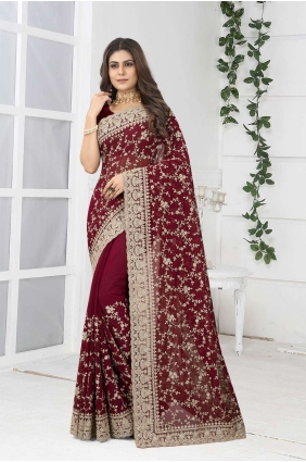 Embroidered Georgette Party Wear Saree in Maroon with Blouse SR24420