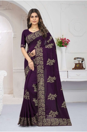 Embroidered Purple Silk Saree with Blouse SR24437