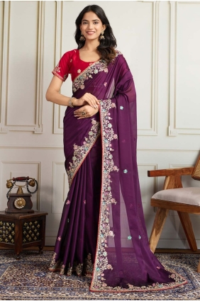 Embroidered Georgette Saree in Purple with Blouse SR28926