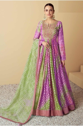 Purple and green Gown Dress in Muslin with Embroidered GW1085