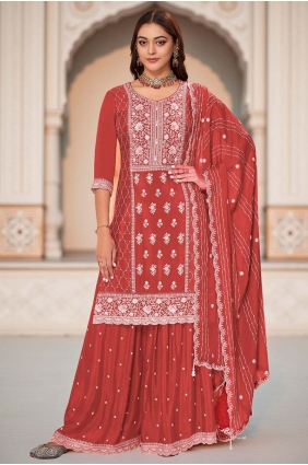 Embroidered Chiffon Sharara Suit in Rust with Dupatta SS1267