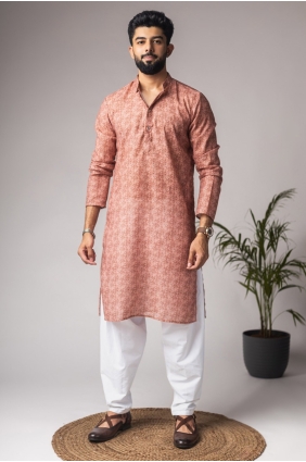 Rust Men Kurta with Digital print Linen KURR575