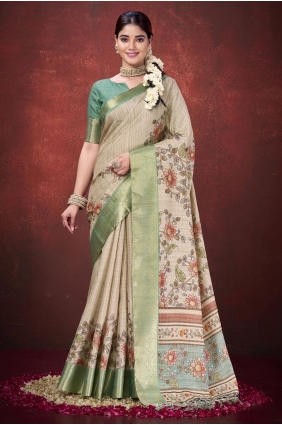 Cream Saree in Jacquard silk with Printed SR29034