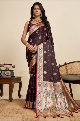 Satin Saree with Weaving in Wine SR28875
