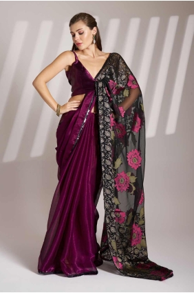 Saree in Wine Shimmer with Plain SR28149