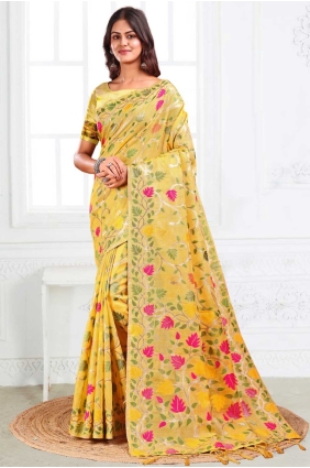 Weaving Linen Yellow Saree with Blouse SR28672