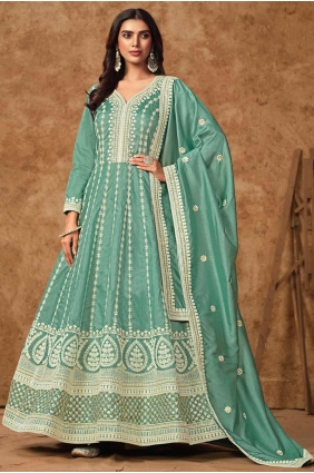 Sea green Embroidered Silk Eid Anarkali Suit AS4040