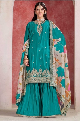 Chiffon Embroidered Sea green Sharara Suit with Dupatta SS1264