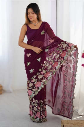 Georgette Saree in Wine with Sequins Work SR28666