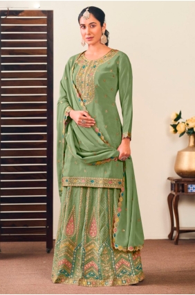 Chiffon Sharara Suit in Pista with Embroidered SS1278