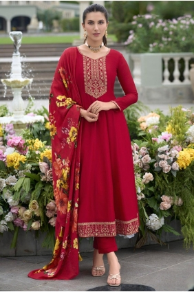 Maroon Embroidered Anarkali Suit in Silk AS4129