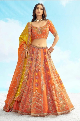 Silk Embroidered Orange Lehenga Choli with Dupatta LC8474