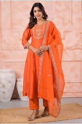 Silk Orange Salwar Kameez in Embroidered SK155677
