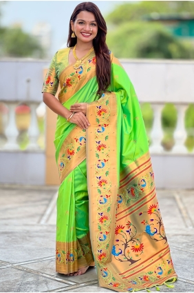 Silk Saree in Parrot green with Weaving SR29086