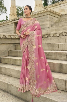 Silk Pink Saree in Stone SR28009