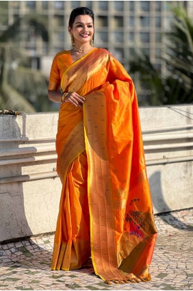 Silk Saree in Orange with Weaving SR28037
