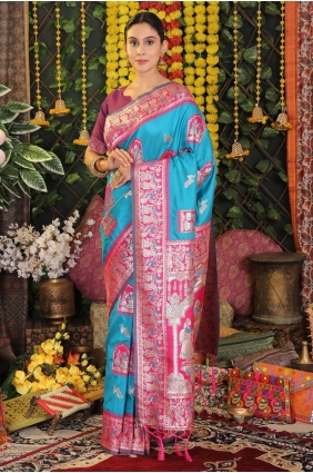 Silk Saree with Zari in Sky blue SR28943