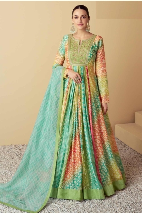 Sky and multi Embroidered Gown Dress in Muslin GW1084