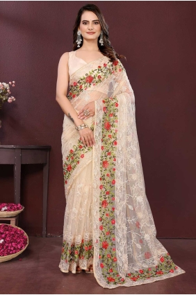 Cream Saree with Weaving Soft net SR28852