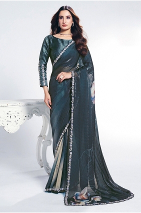 Embroidered Satin Teal blue Saree with Blouse SR28954