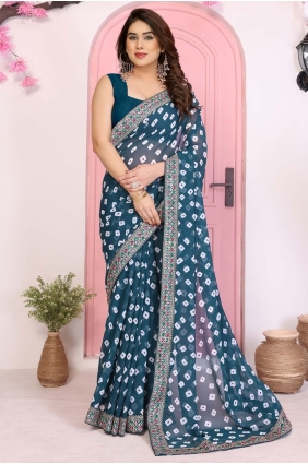 Embroidered Georgette Teal blue Saree with Blouse SR28935