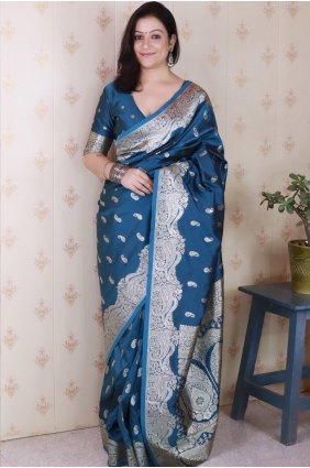 Teal blue Banarasi silk Saree with Weaving SR28963