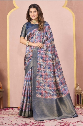 Saree in Blue Tussar silk with Digital print SR29095