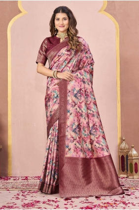 Maroon Digital print Tussar silk Saree SR29096