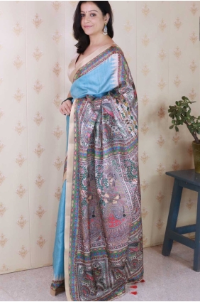 Blue Saree with digital print Tussar silk SR28712