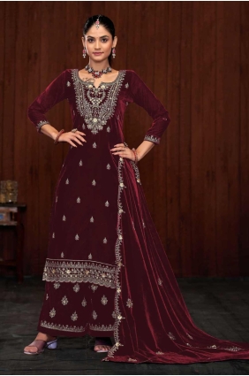 Velvet Straight Pant Suit with Embroidered SK155141