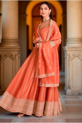 Weaving Viscose Gown Dress in Orange with Dupatta GW1150