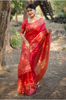 Saree in Red Handloom silk with Weaving SR29103