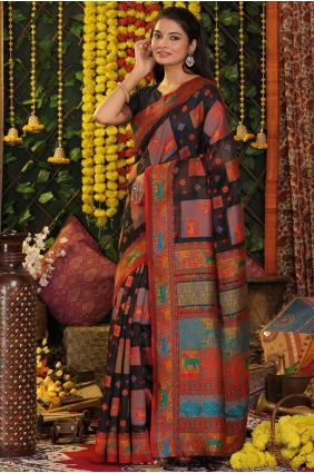 Linen Saree in Black with Weaving SR28878
